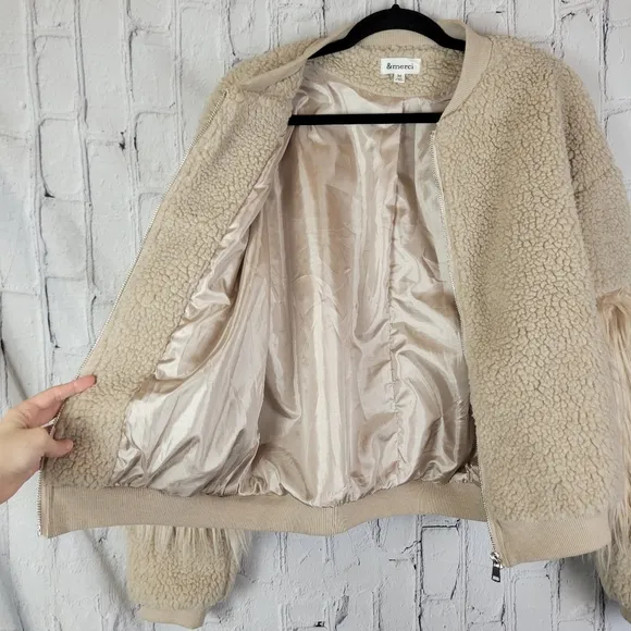 &amp;merci Beige Sherpa Fur Sleeves Zip Up Jacket Coat
