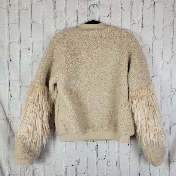 &amp;merci Beige Sherpa Fur Sleeves Zip Up Jacket Coat