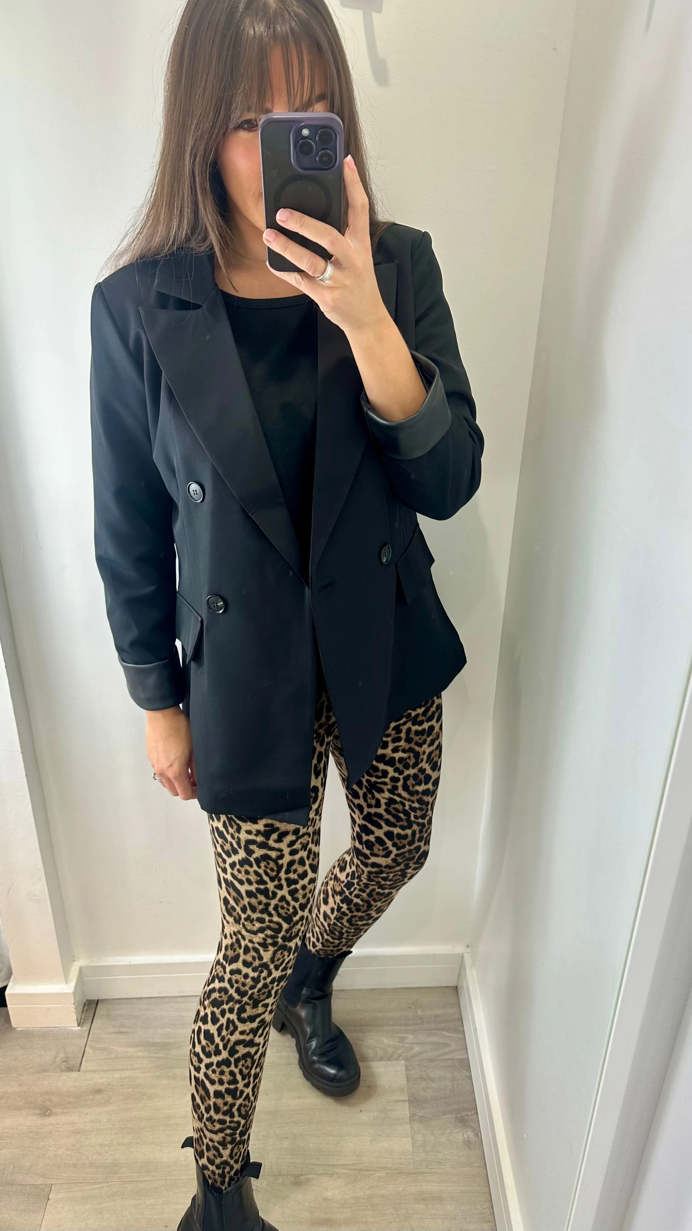 BLACK FAUX LEATHER CUFF BLAZER