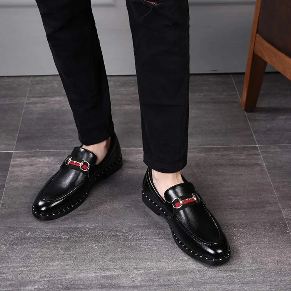 Black Penny Loafers for Men, Soft Fabric Leather Stylish Metal Buckle Mens Loafers, Classic Pointed Toe Dress Shoes &amp; Driving Shoes for Men