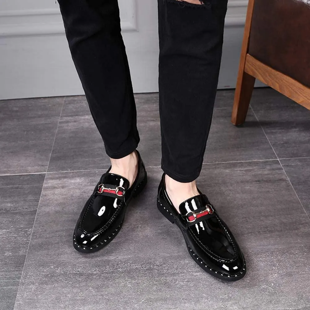 Black Penny Loafers for Men, Soft Fabric Leather Stylish Metal Buckle Mens Loafers, Classic Pointed Toe Dress Shoes &amp; Driving Shoes for Men