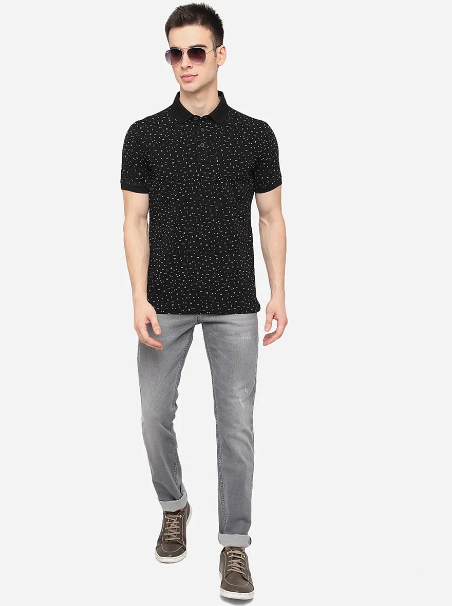 Black Printed Slim Fit Polo T-Shirt | JadeBlue