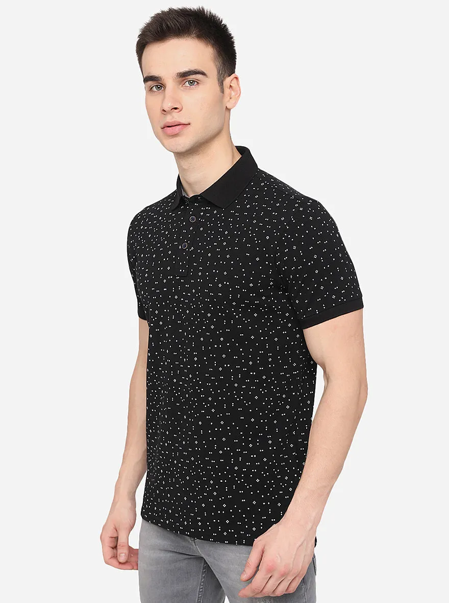 Black Printed Slim Fit Polo T-Shirt | JadeBlue