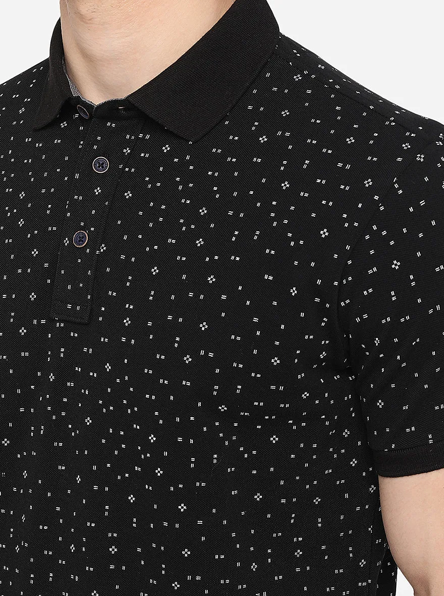 Black Printed Slim Fit Polo T-Shirt | JadeBlue
