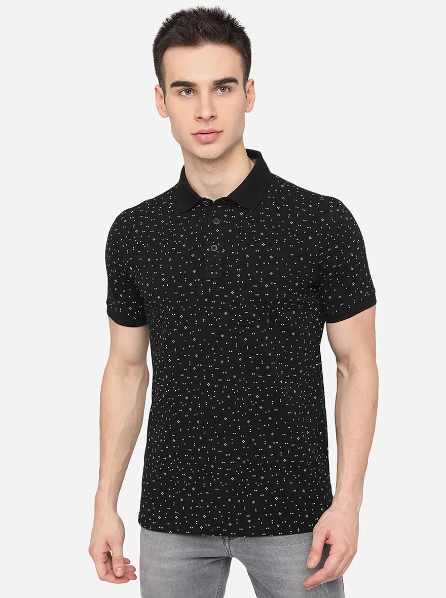 Black Printed Slim Fit Polo T-Shirt | JadeBlue