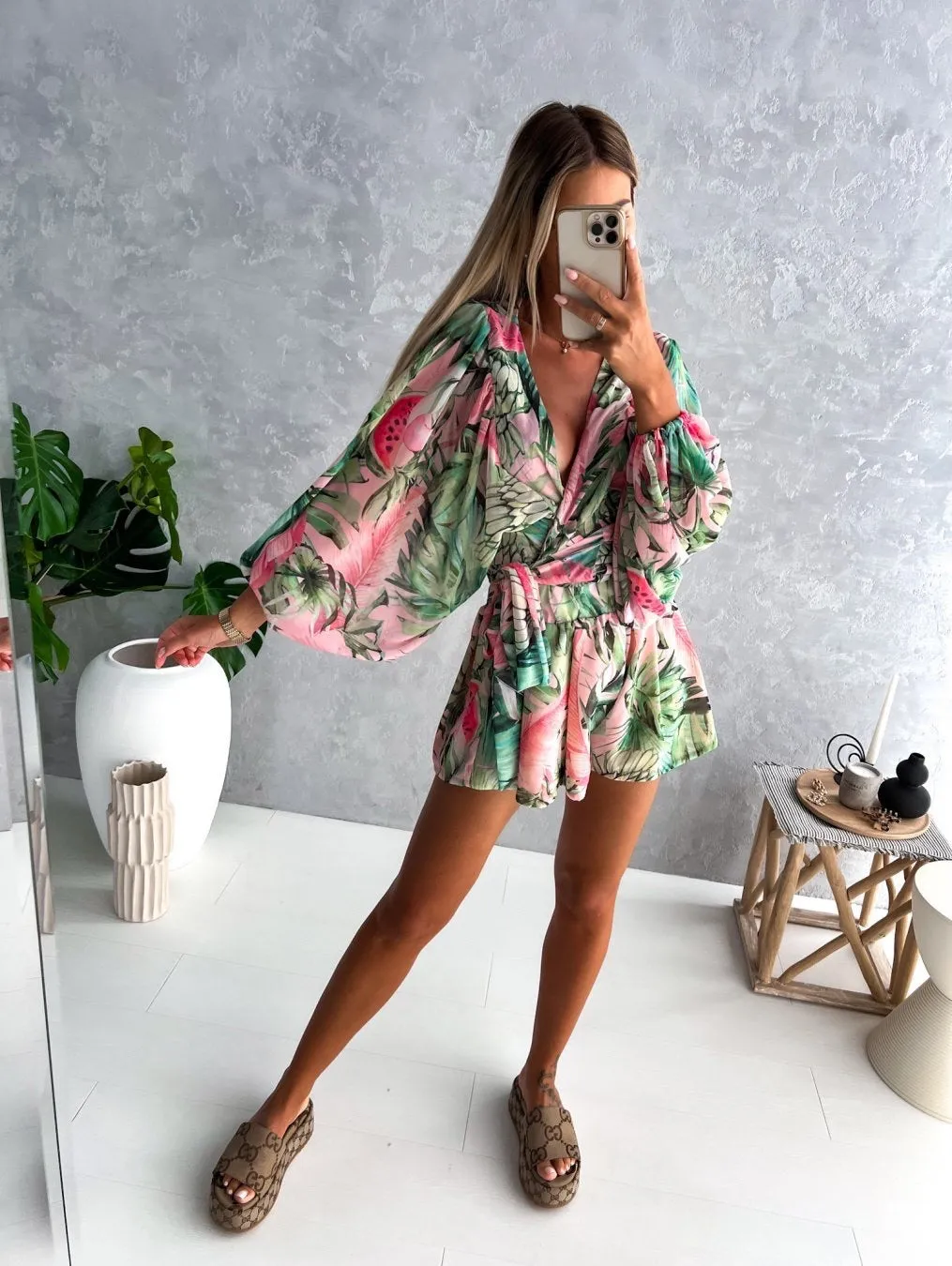 Bohemian V-Neck Wrap Jumpsuit with Flowing Sleeves and Tropical Elegance