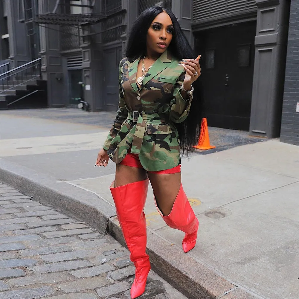 Bold Camouflage Tailored Blazer Jacket with Belted Waist