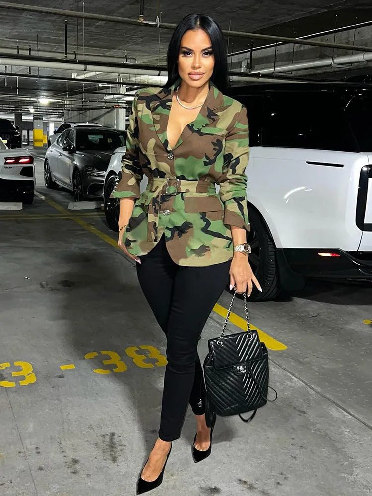 Bold Camouflage Tailored Blazer Jacket with Belted Waist