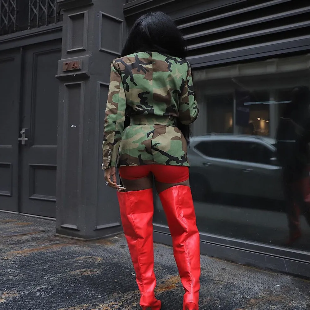 Bold Camouflage Tailored Blazer Jacket with Belted Waist