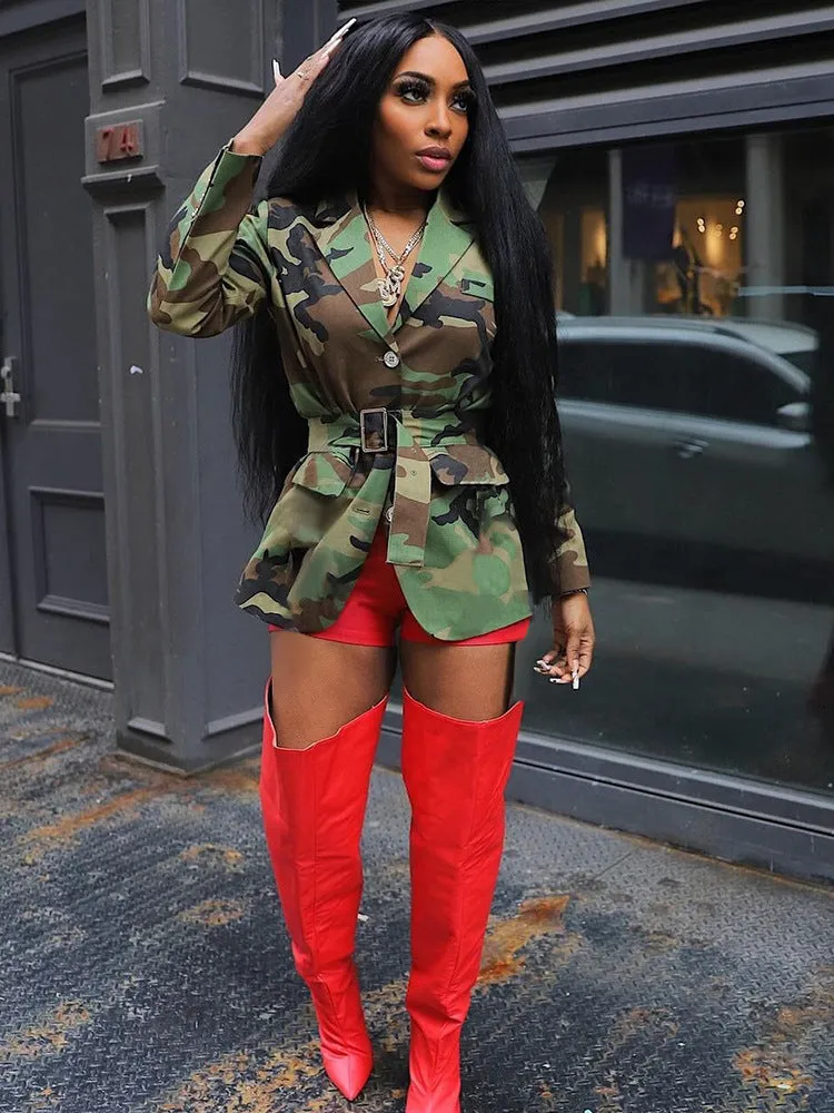Bold Camouflage Tailored Blazer Jacket with Belted Waist