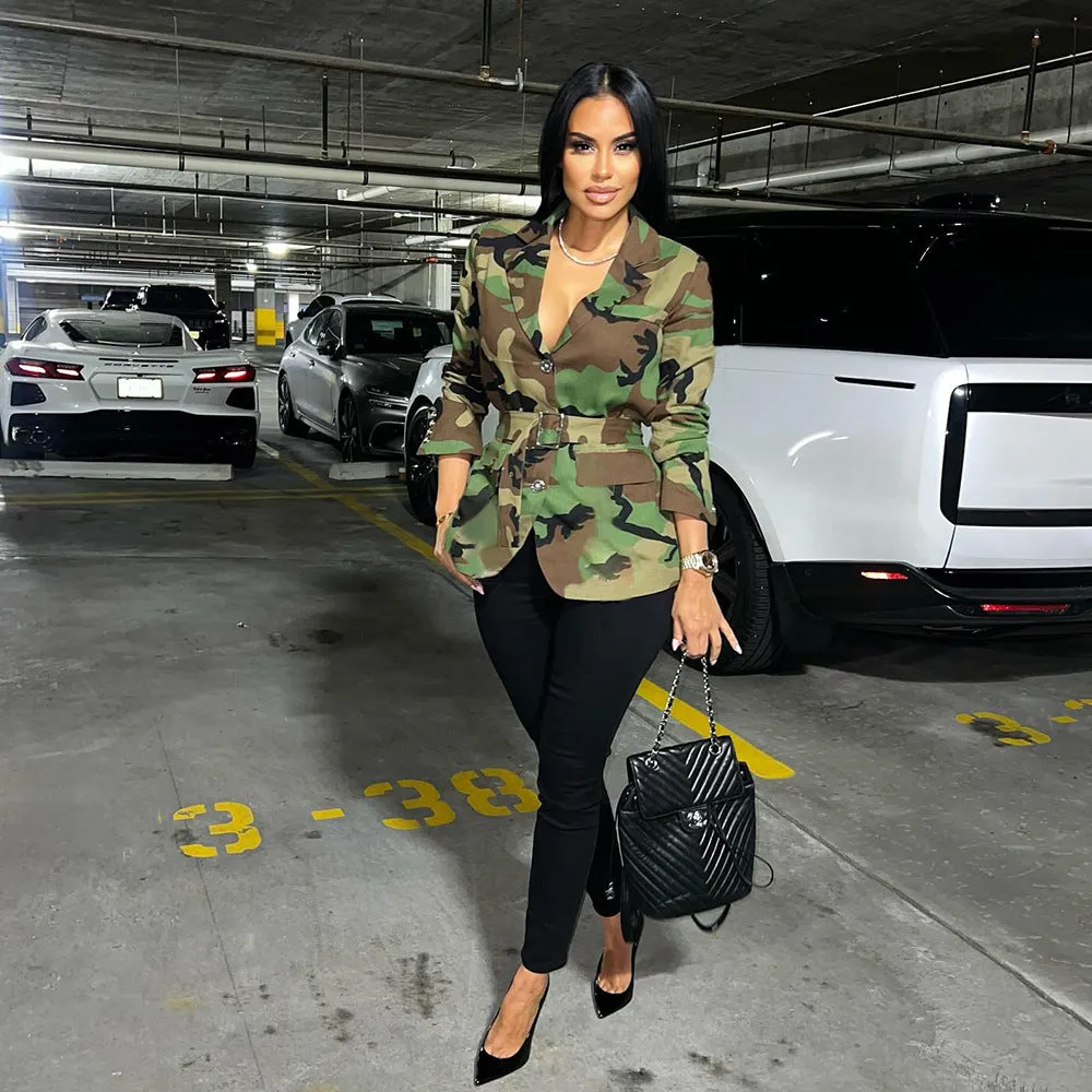 Bold Camouflage Tailored Blazer Jacket with Belted Waist