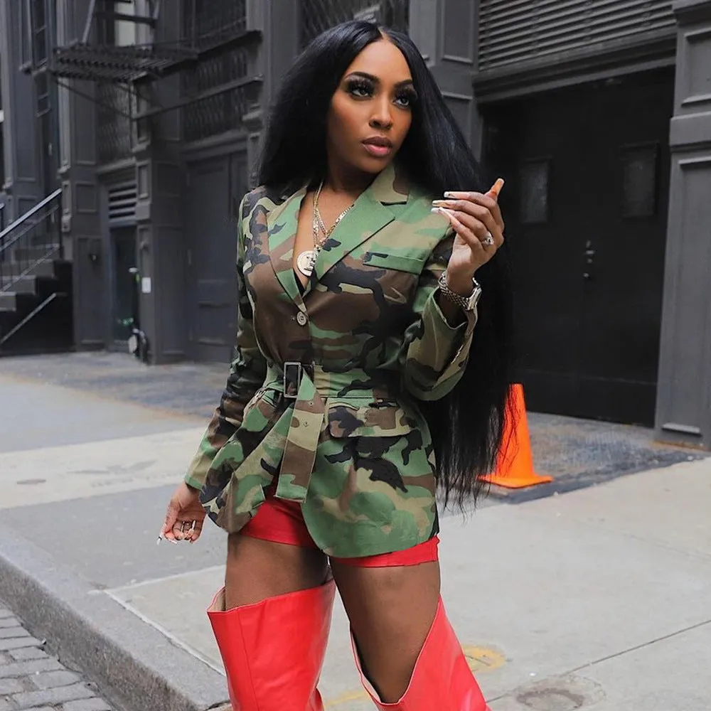 Bold Camouflage Tailored Blazer Jacket with Belted Waist