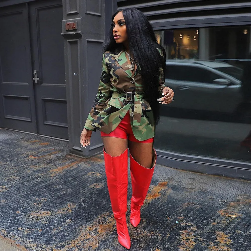 Bold Camouflage Tailored Blazer Jacket with Belted Waist