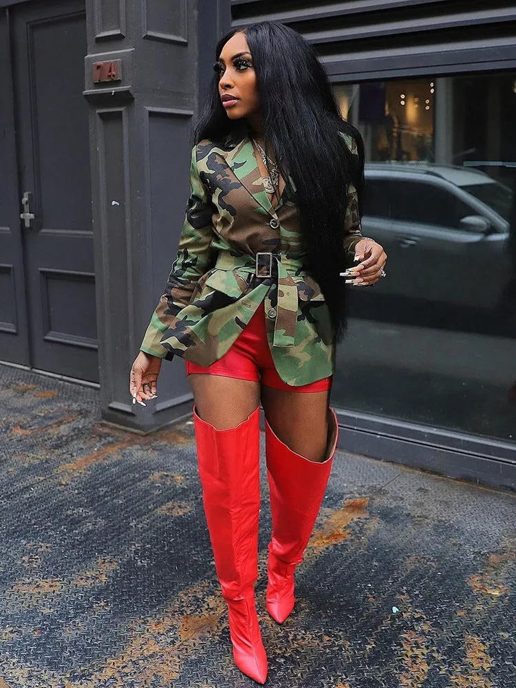 Bold Camouflage Tailored Blazer Jacket with Belted Waist