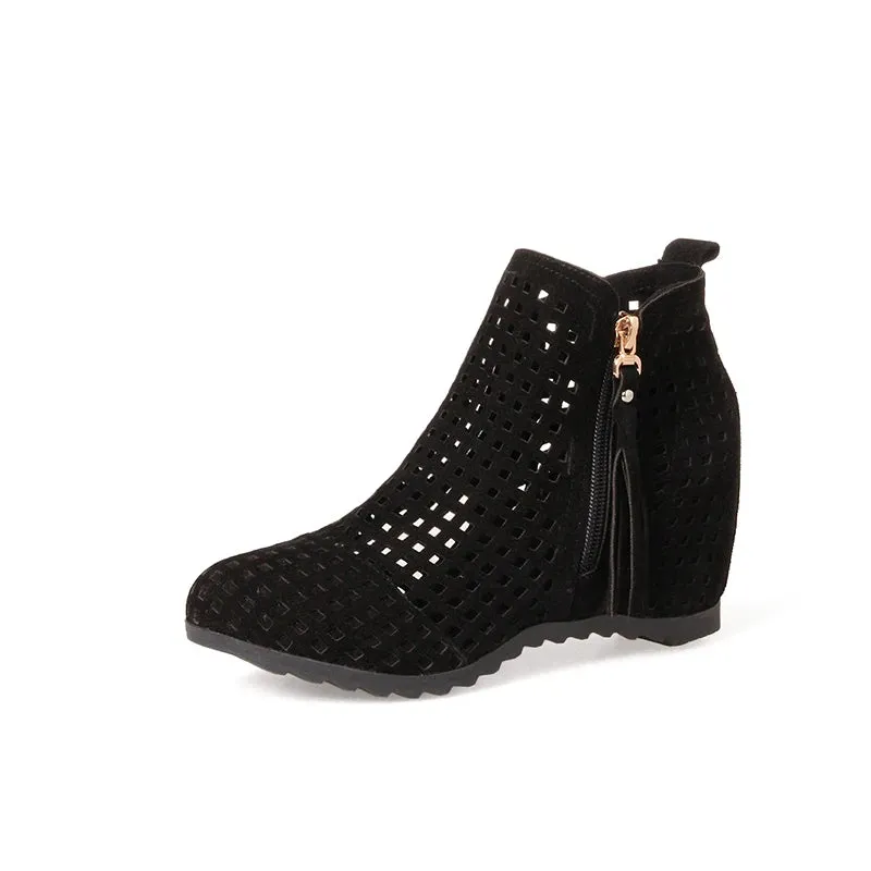 Boots Flat Low Hidden Wedges Cutout Zip