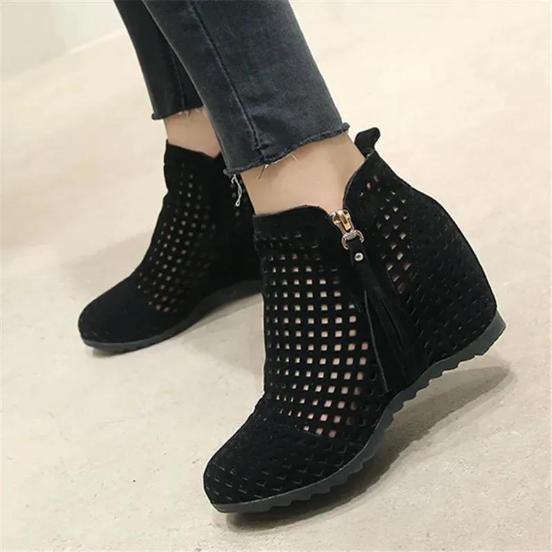 Boots Flat Low Hidden Wedges Cutout Zip