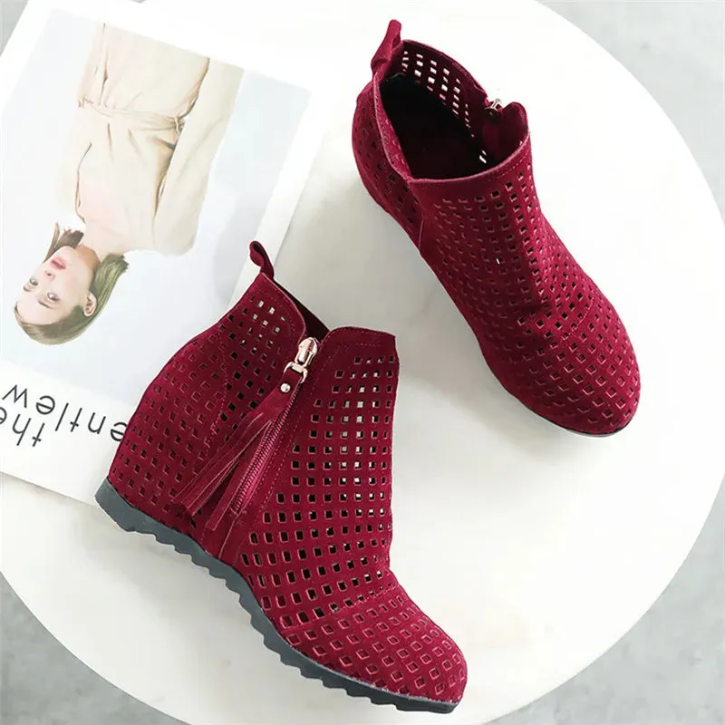 Boots Flat Low Hidden Wedges Cutout Zip