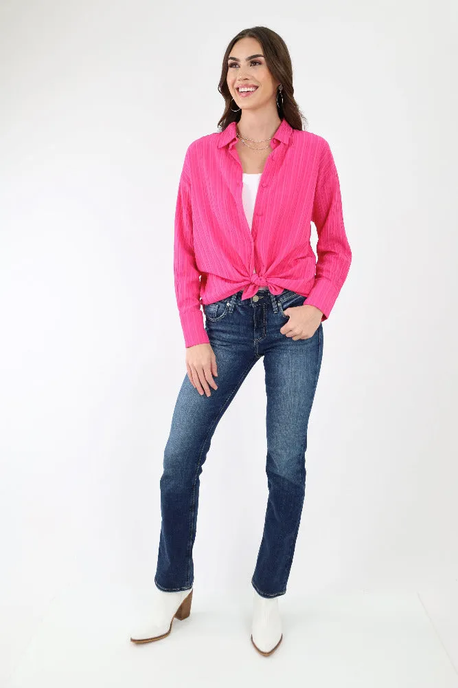 Casual to Classy Long Sleeve Button Blouse - Fuchsia