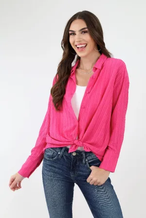 Casual to Classy Long Sleeve Button Blouse - Fuchsia