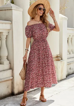 Charming Floral Off-Shoulder Smocked Midi Dress
