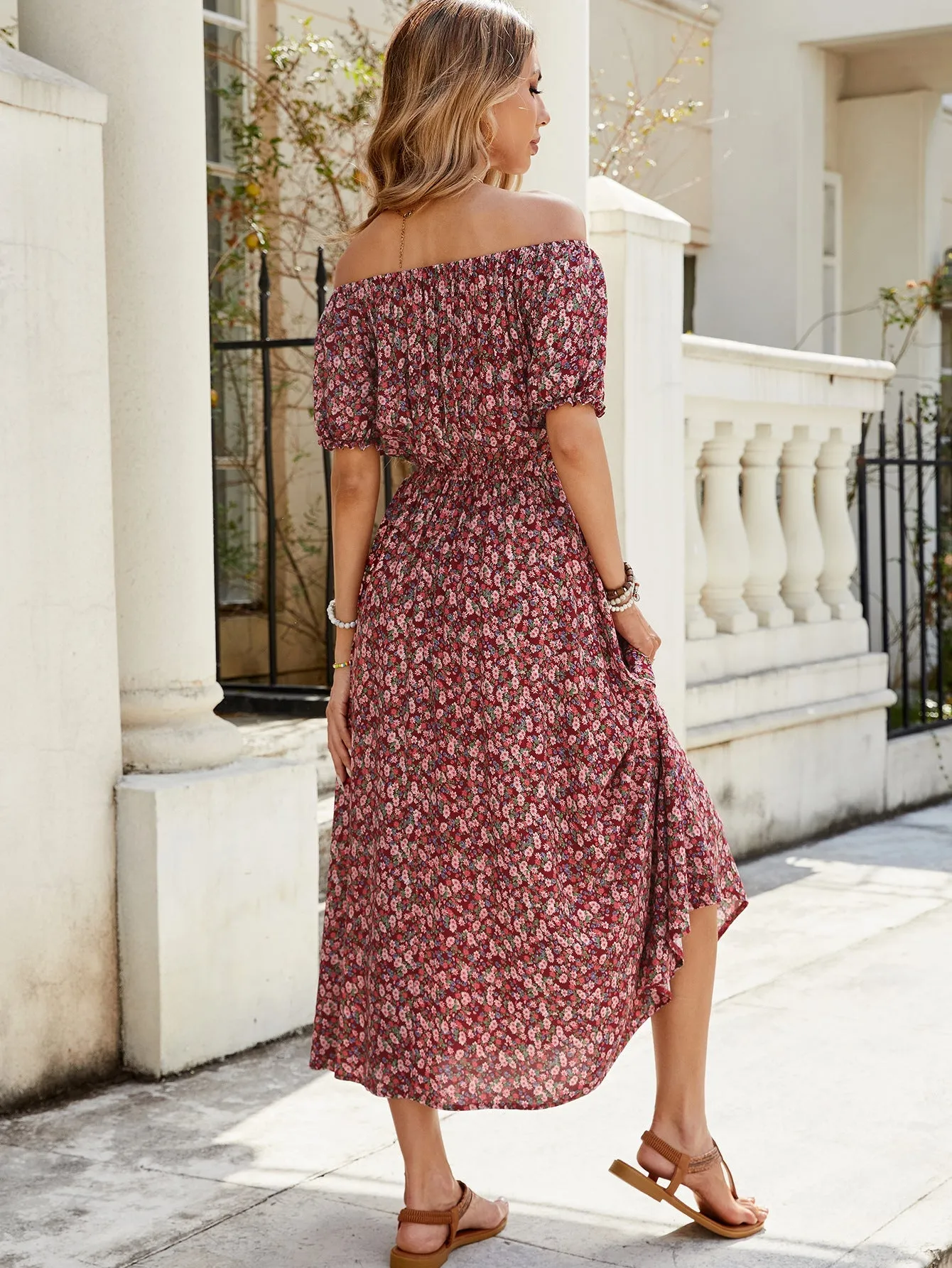 Charming Floral Off-Shoulder Smocked Midi Dress