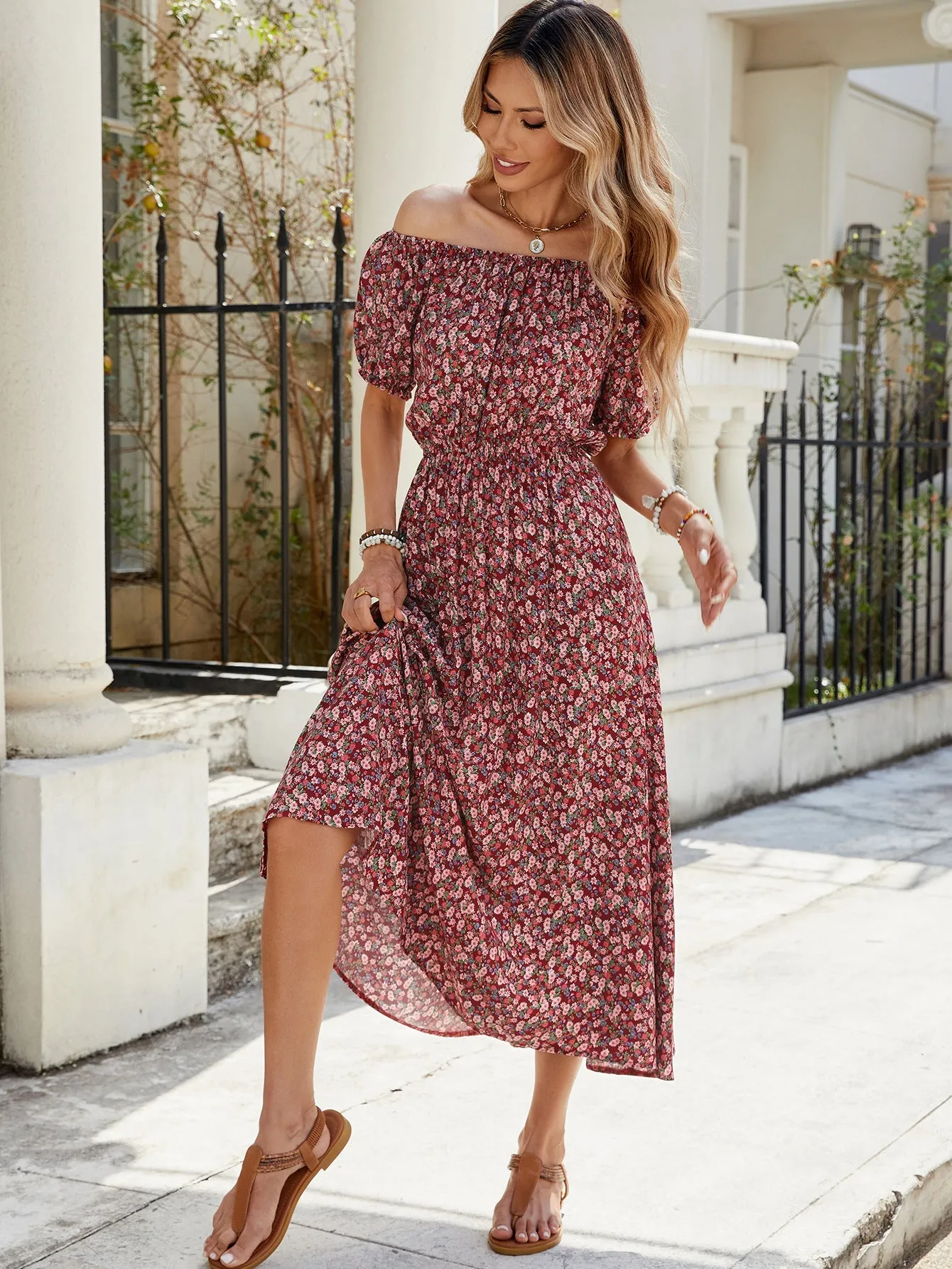 Charming Floral Off-Shoulder Smocked Midi Dress