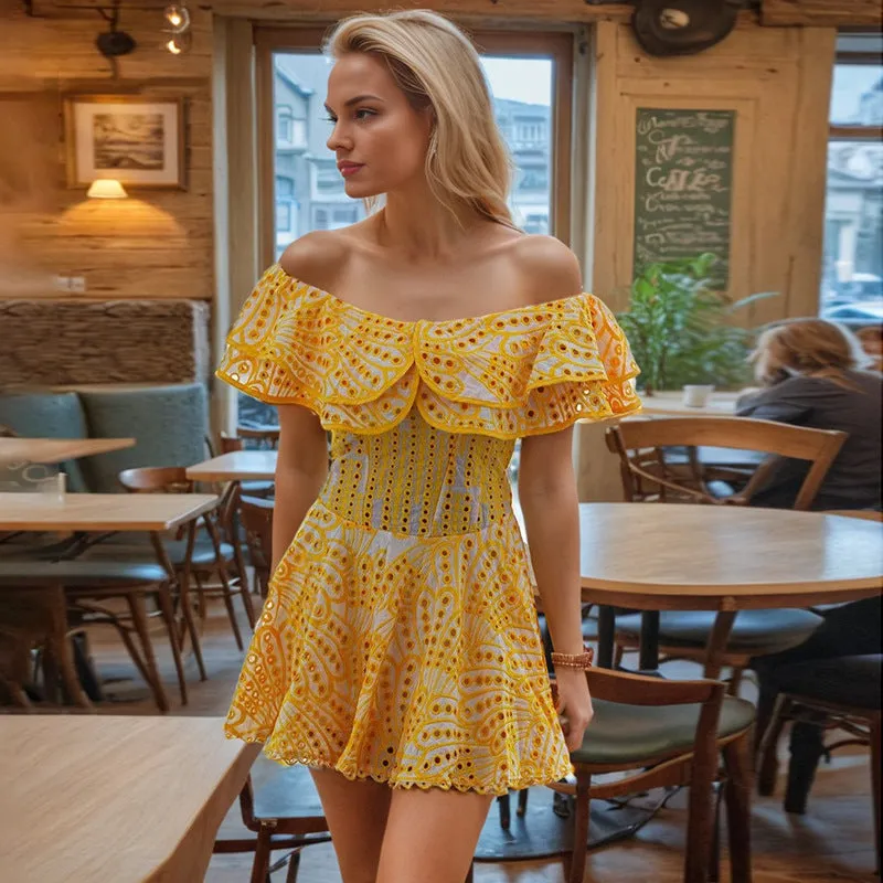 Chic Off-Shoulder Embroidered Ruffle Dress with Flowy Skirt