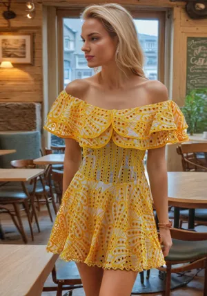 Chic Off-Shoulder Embroidered Ruffle Dress with Flowy Skirt