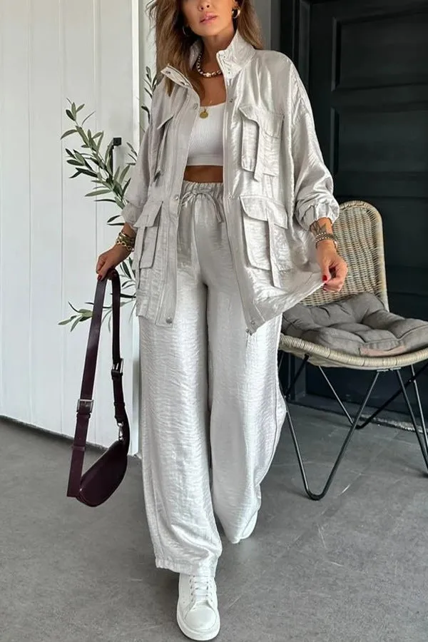 Chic Utility-Style Two-Piece Set with Jacket and Straight-Leg Pants