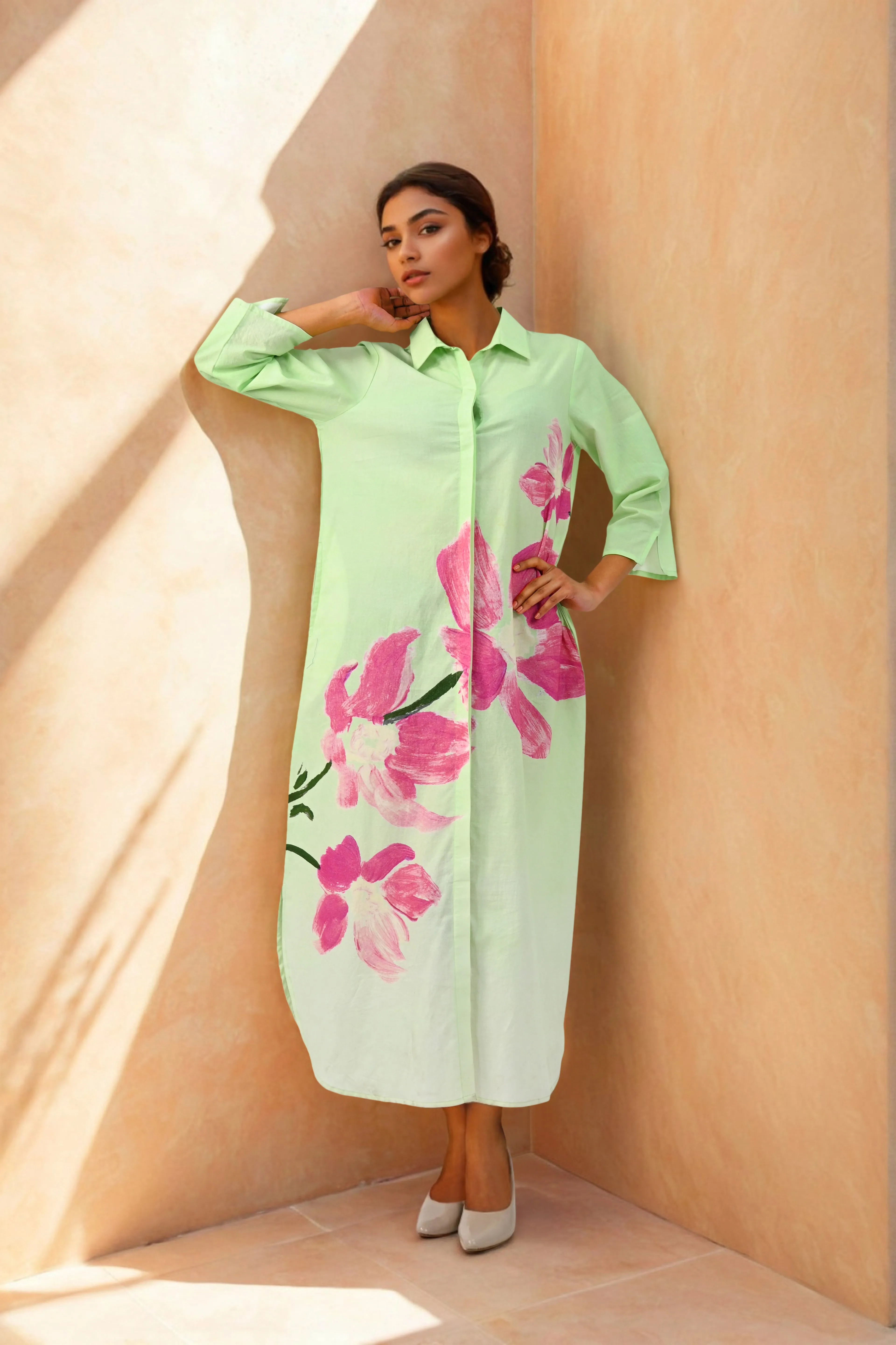 Cosmic Green Handpainted Shirt Cotton Dress