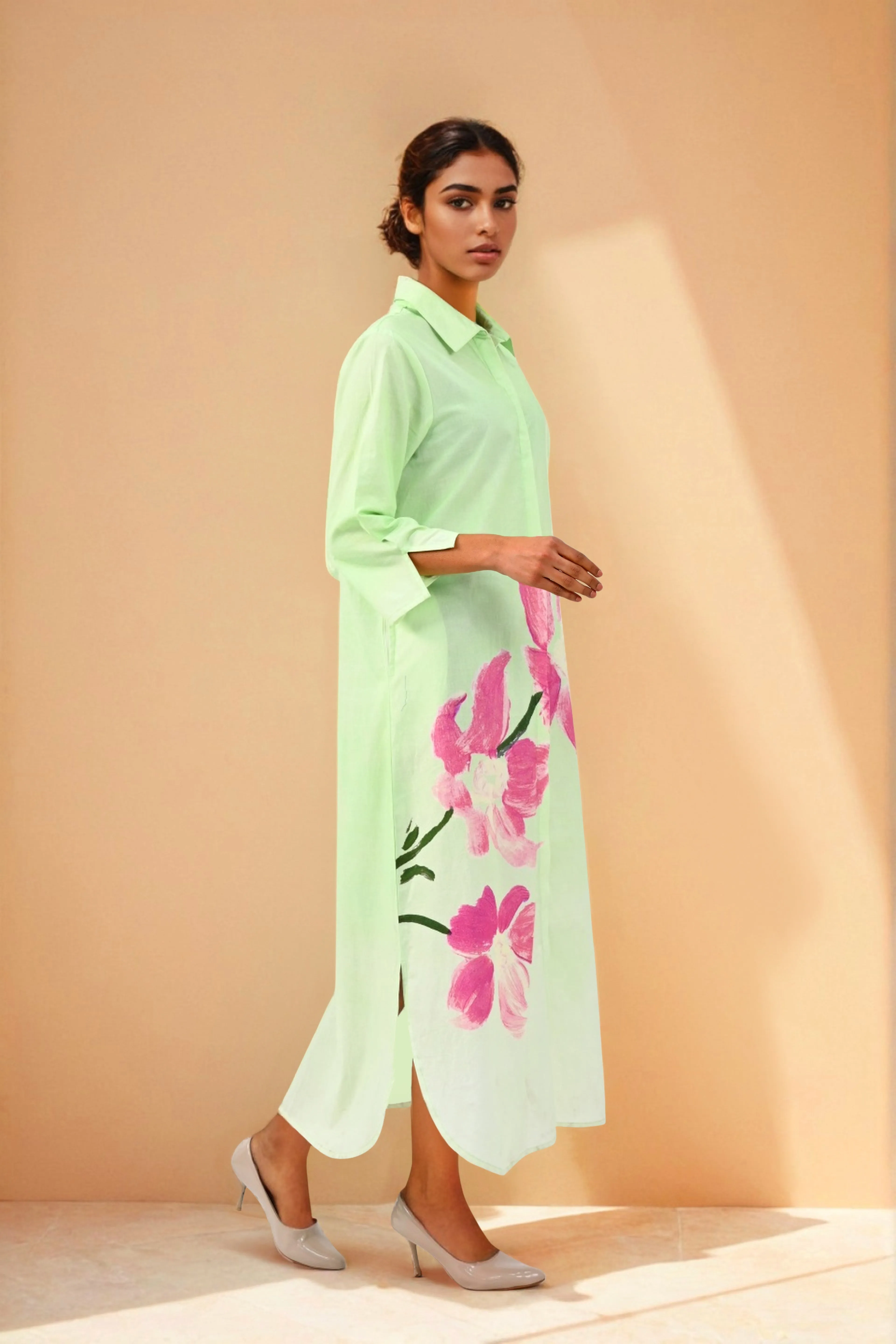 Cosmic Green Handpainted Shirt Cotton Dress