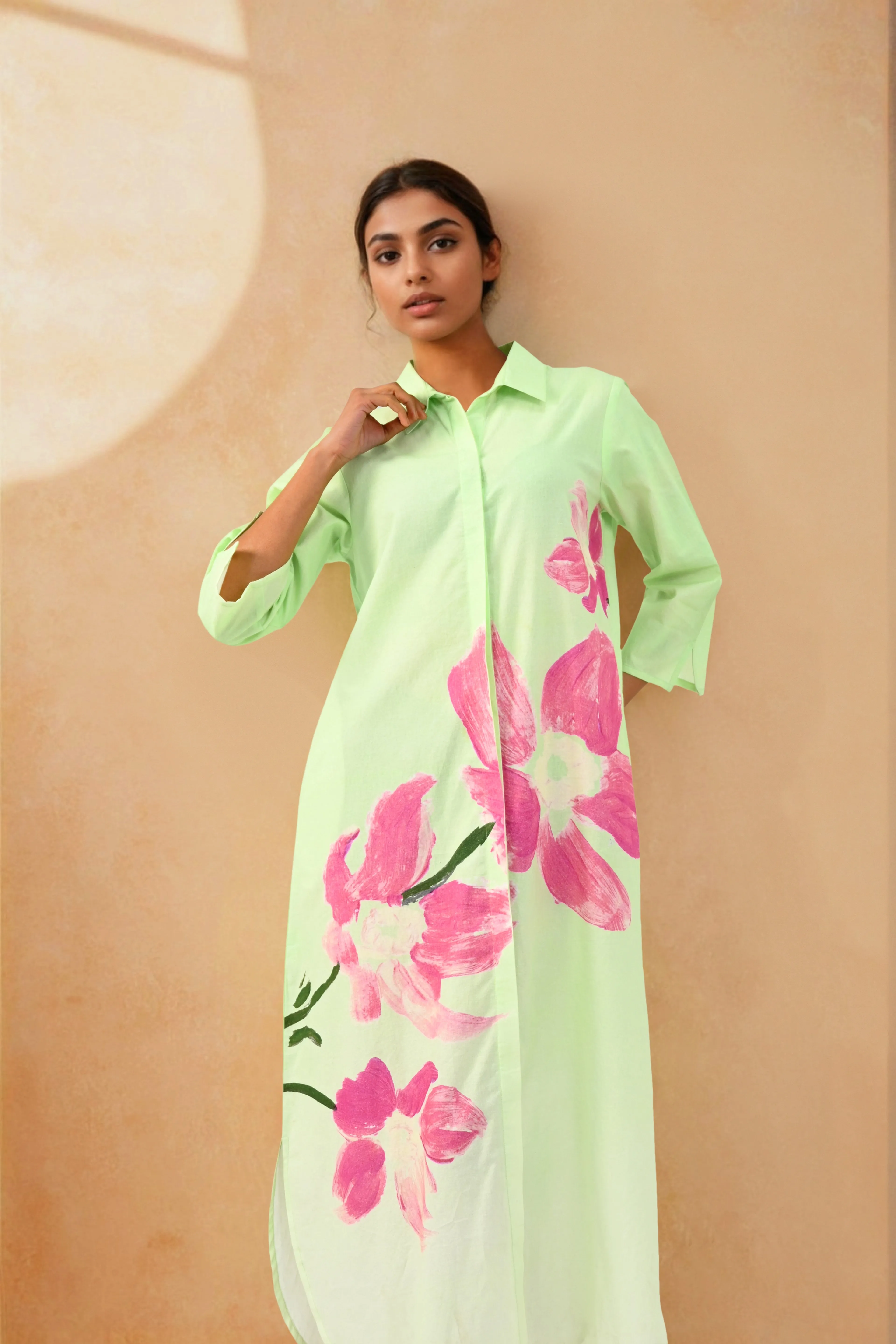 Cosmic Green Handpainted Shirt Cotton Dress