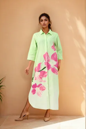 Cosmic Green Handpainted Shirt Cotton Dress