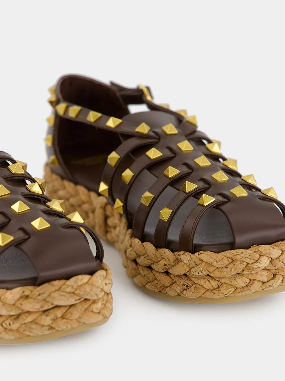 Dark Brown Rockstud Flat Espadrille Sandals