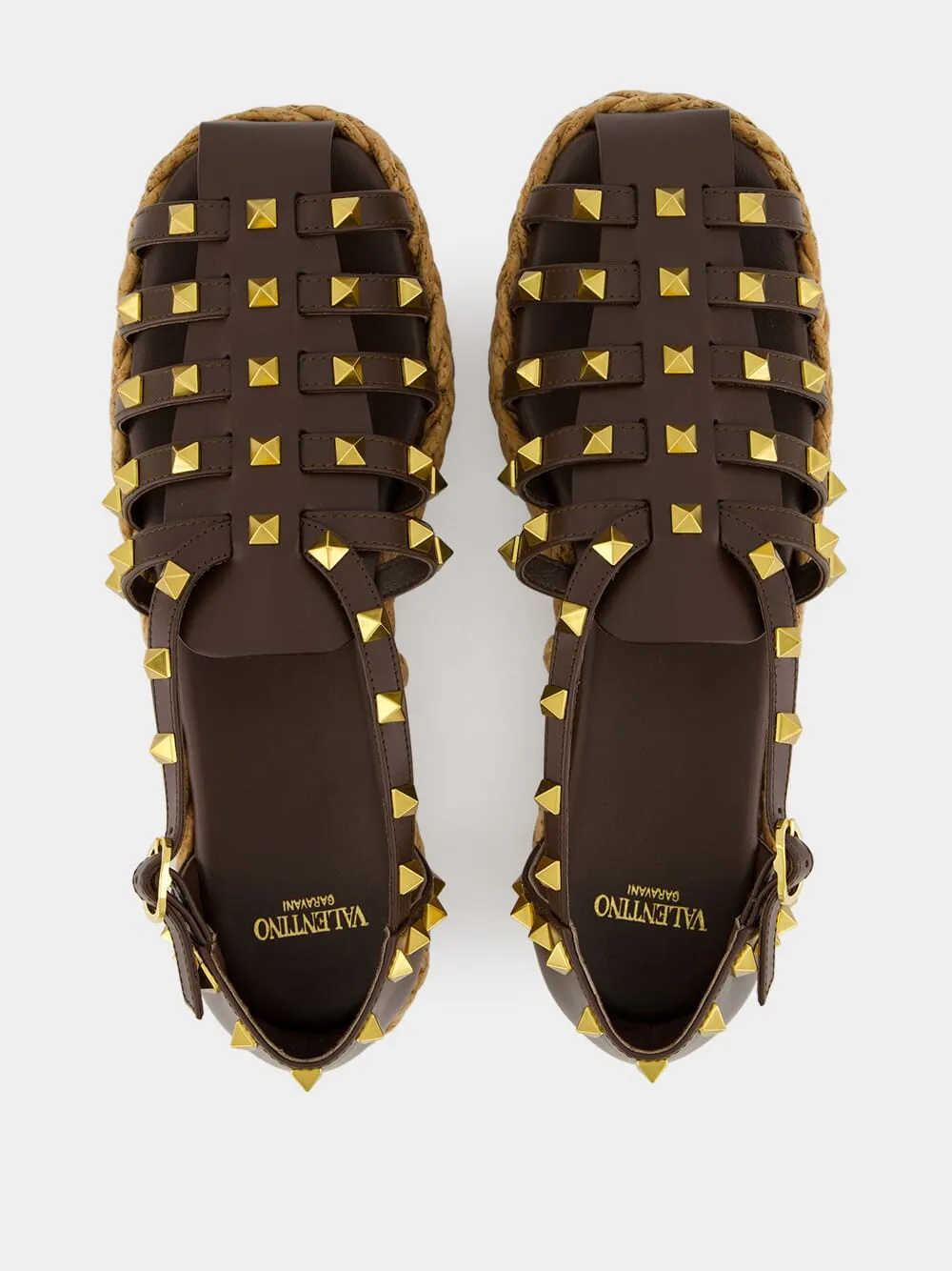 Dark Brown Rockstud Flat Espadrille Sandals