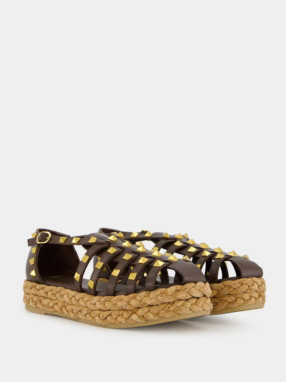 Dark Brown Rockstud Flat Espadrille Sandals