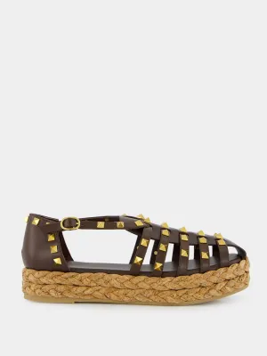 Dark Brown Rockstud Flat Espadrille Sandals