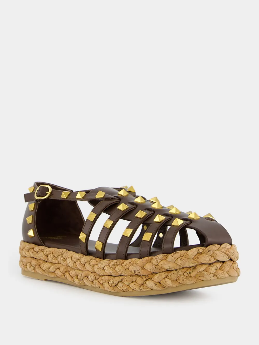 Dark Brown Rockstud Flat Espadrille Sandals