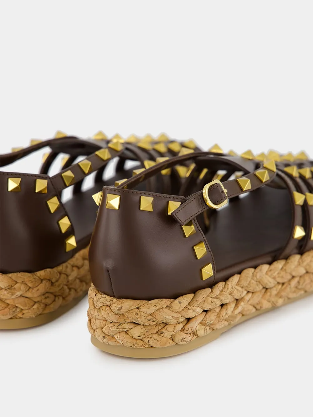 Dark Brown Rockstud Flat Espadrille Sandals