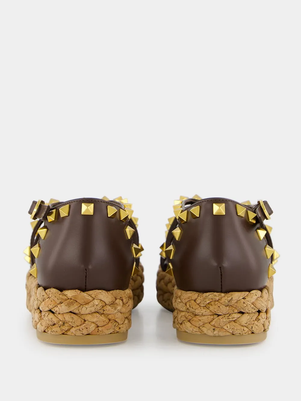 Dark Brown Rockstud Flat Espadrille Sandals