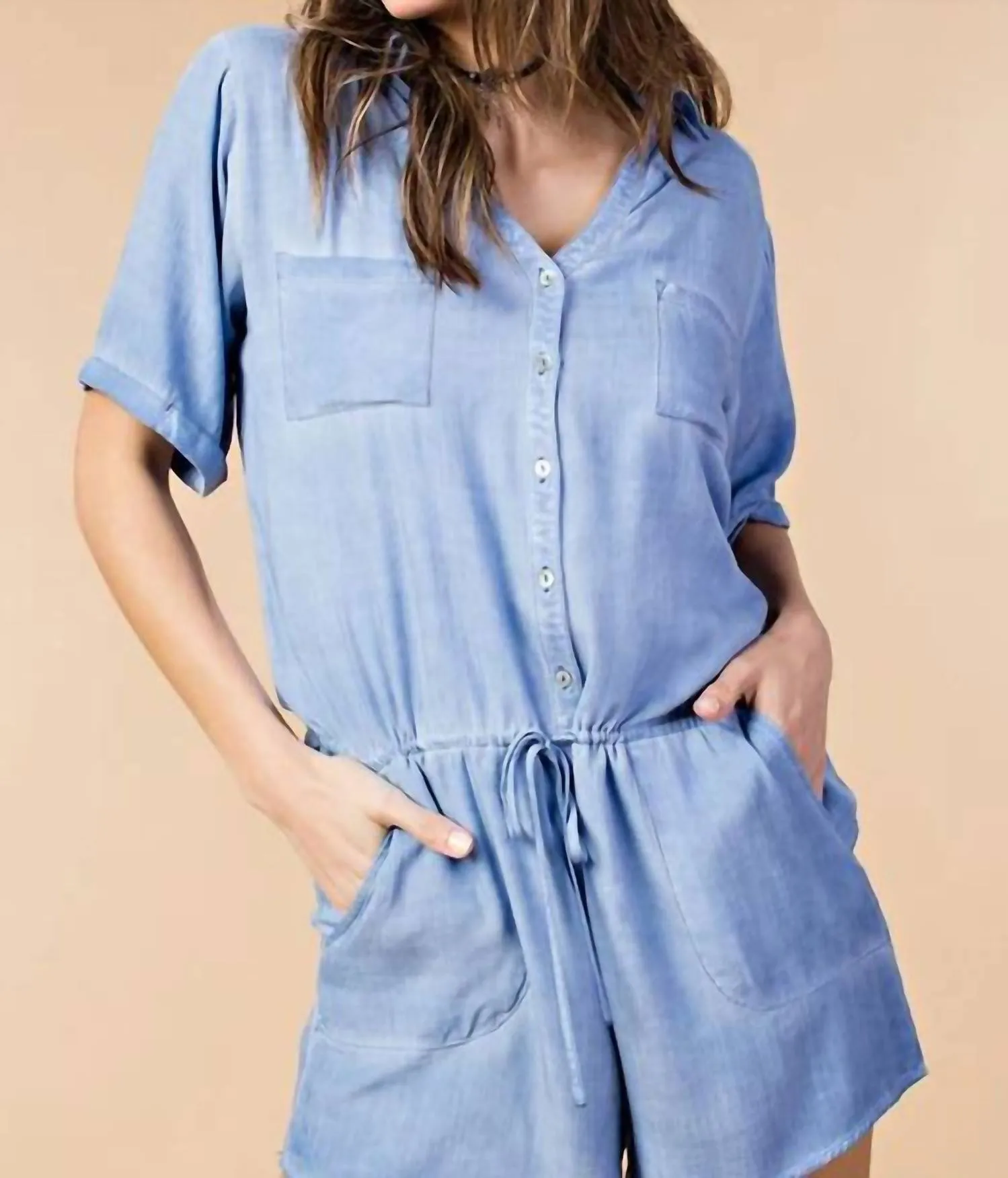 Denim Wide Leg Romper In Blue