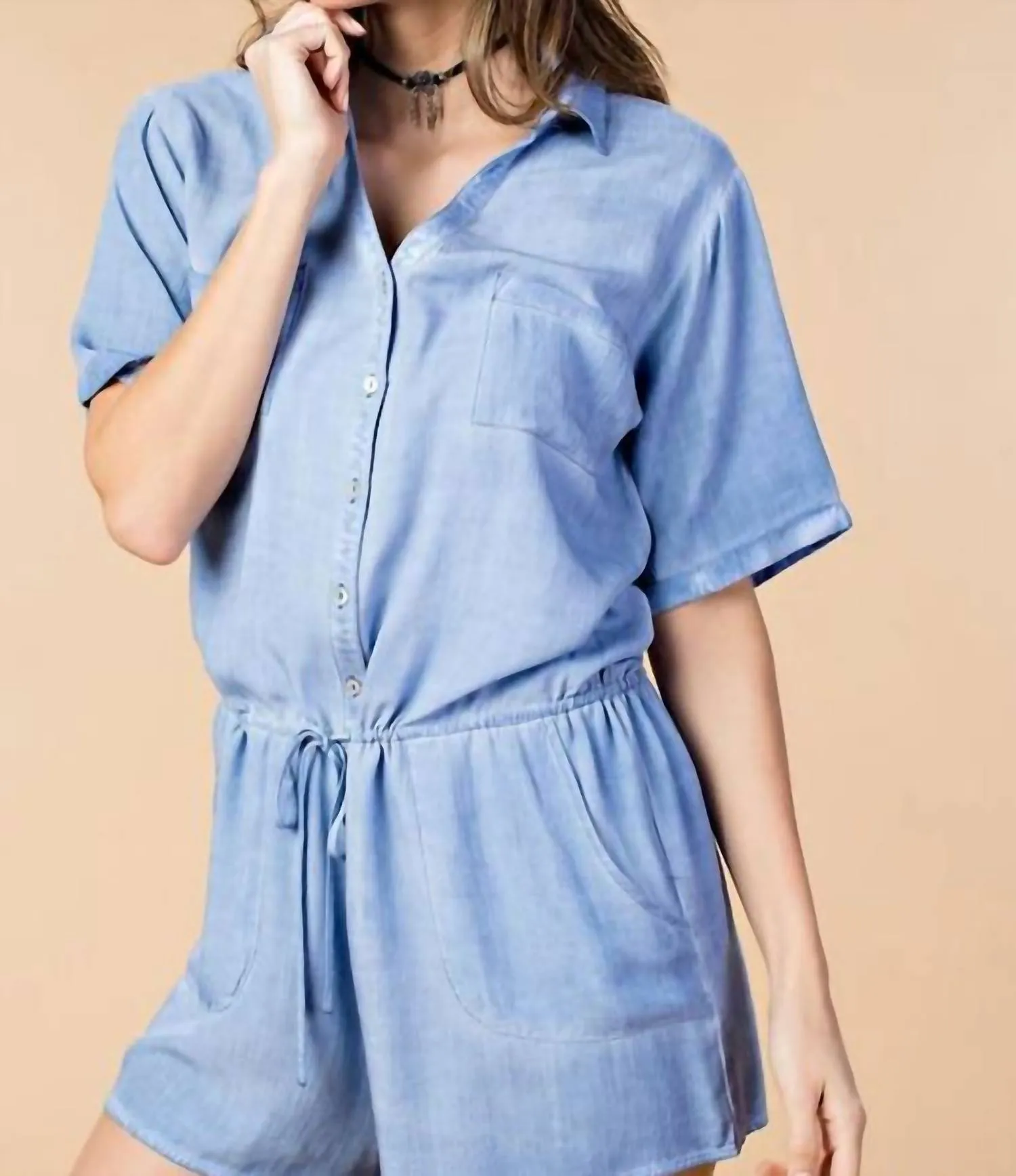 Denim Wide Leg Romper In Blue