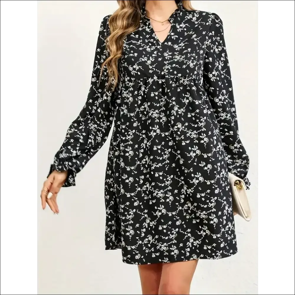 Ditsy Floral Notched Flounce Sleeve Dress