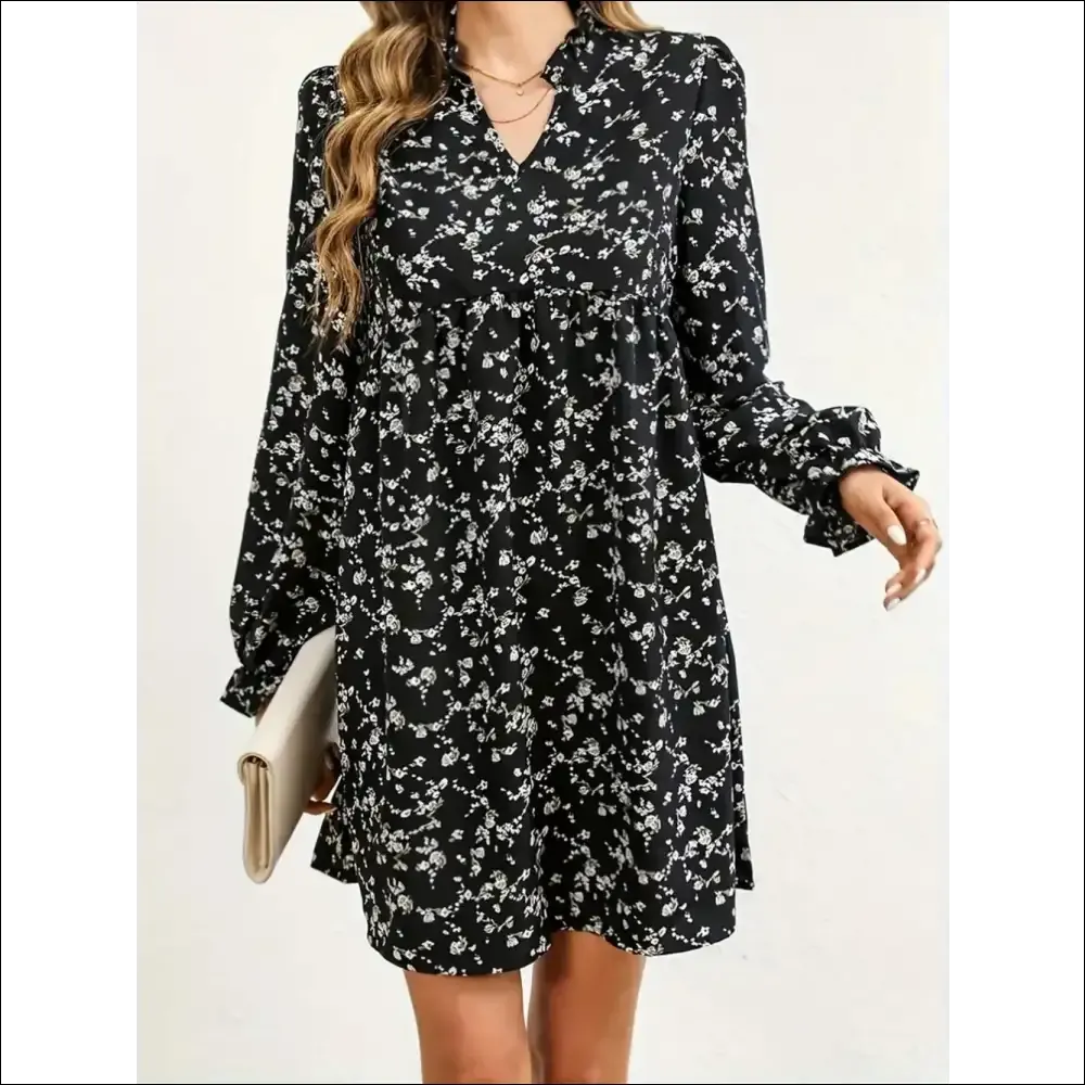 Ditsy Floral Notched Flounce Sleeve Dress