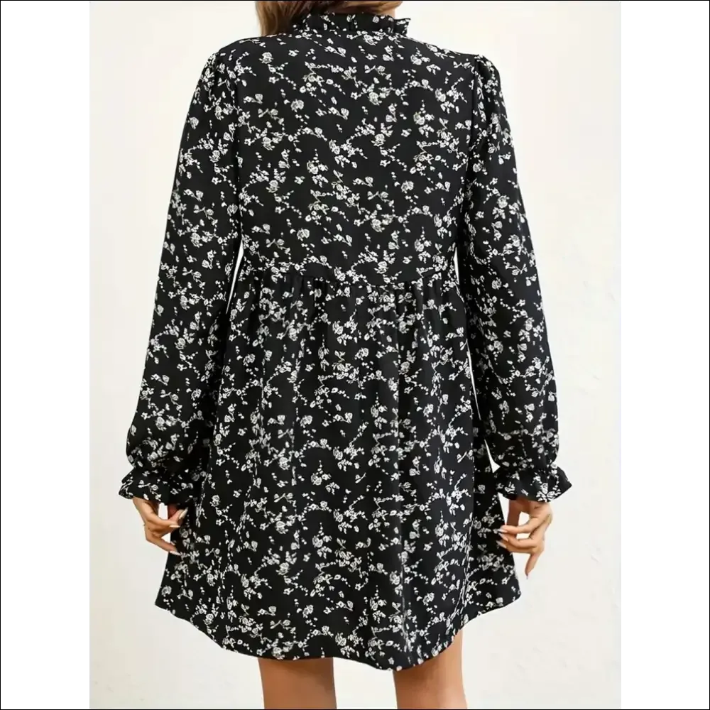 Ditsy Floral Notched Flounce Sleeve Dress
