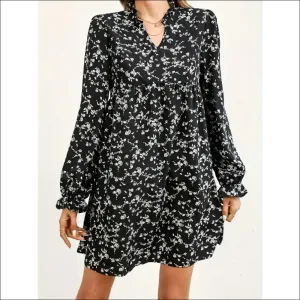 Ditsy Floral Notched Flounce Sleeve Dress