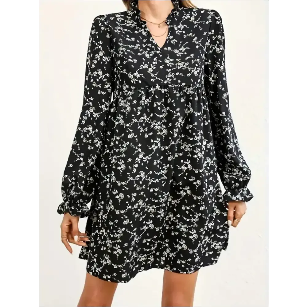 Ditsy Floral Notched Flounce Sleeve Dress