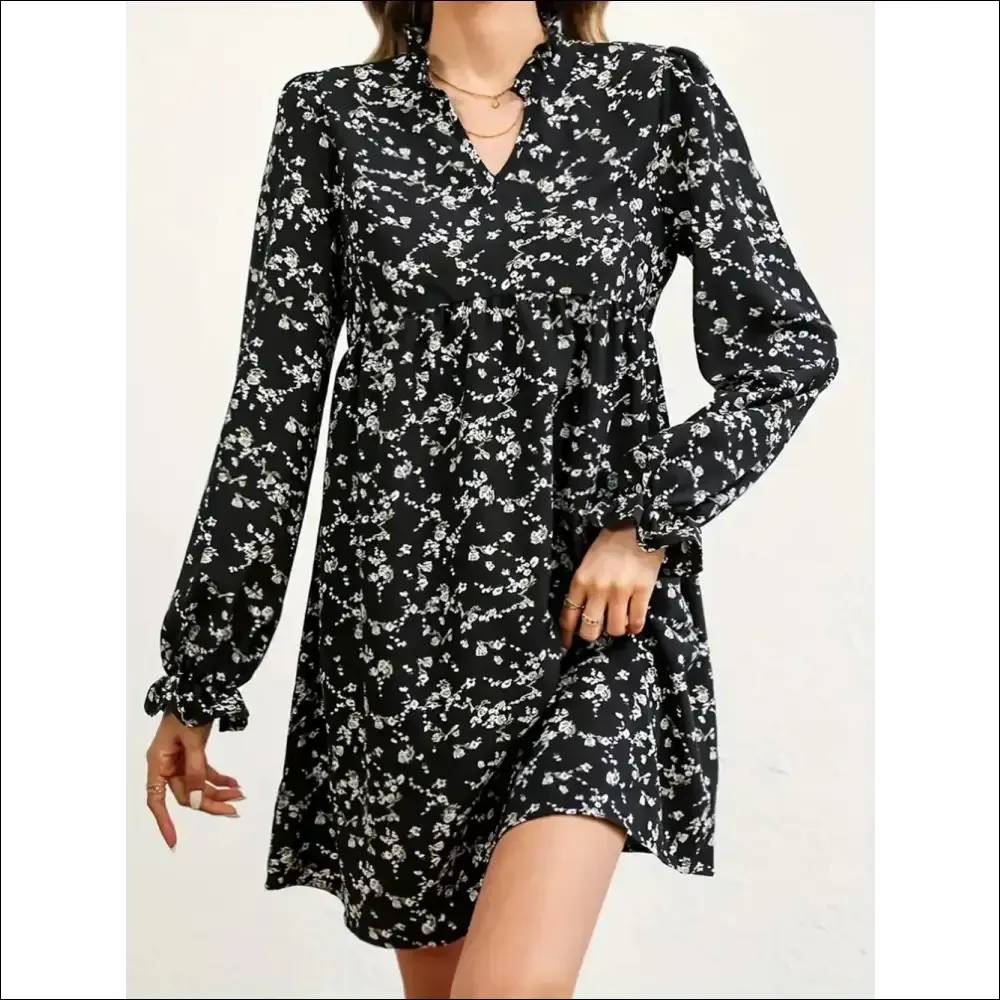 Ditsy Floral Notched Flounce Sleeve Dress