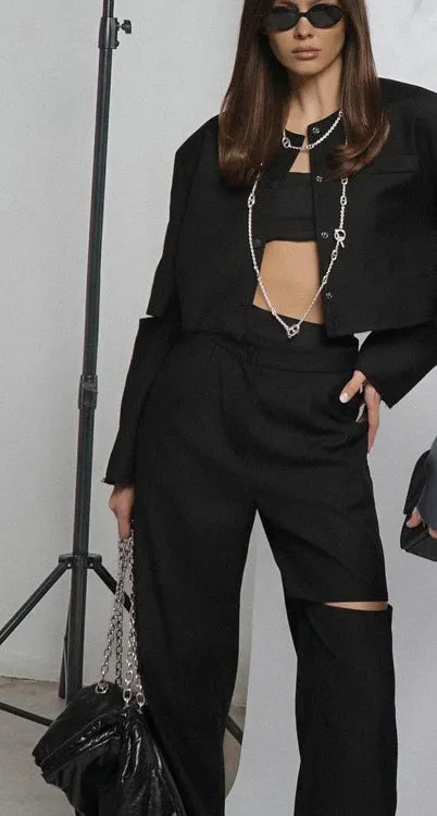 Edgy Cropped Button-Up and Wide-Leg Pants Streetwear Two-Piece Set