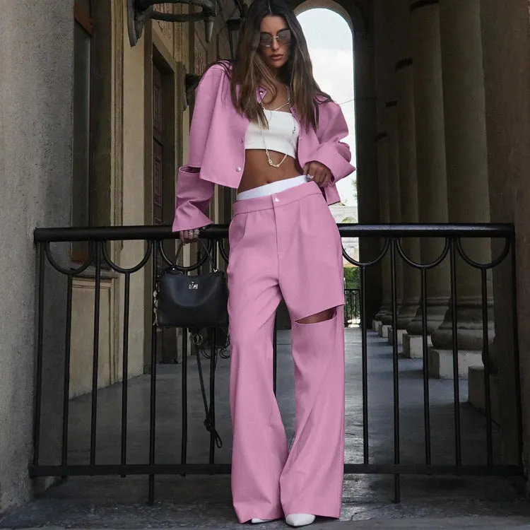 Edgy Cropped Button-Up and Wide-Leg Pants Streetwear Two-Piece Set